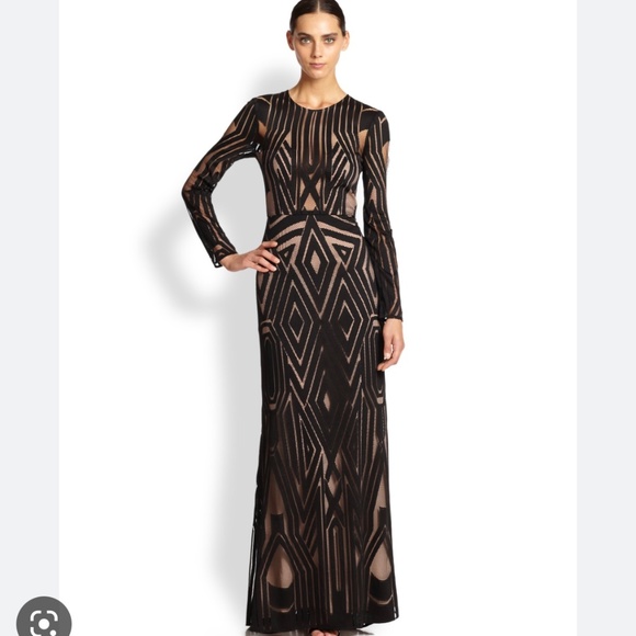 BCBG Max Azria Veira Geometric Formal Long-Sleeved Gown Sz 4 - Picture 1 of 7